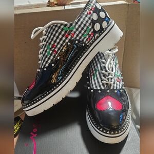 Betsey Johnson Womens Gingham Cherry Heart Platform Oxfords Loafers Size 11